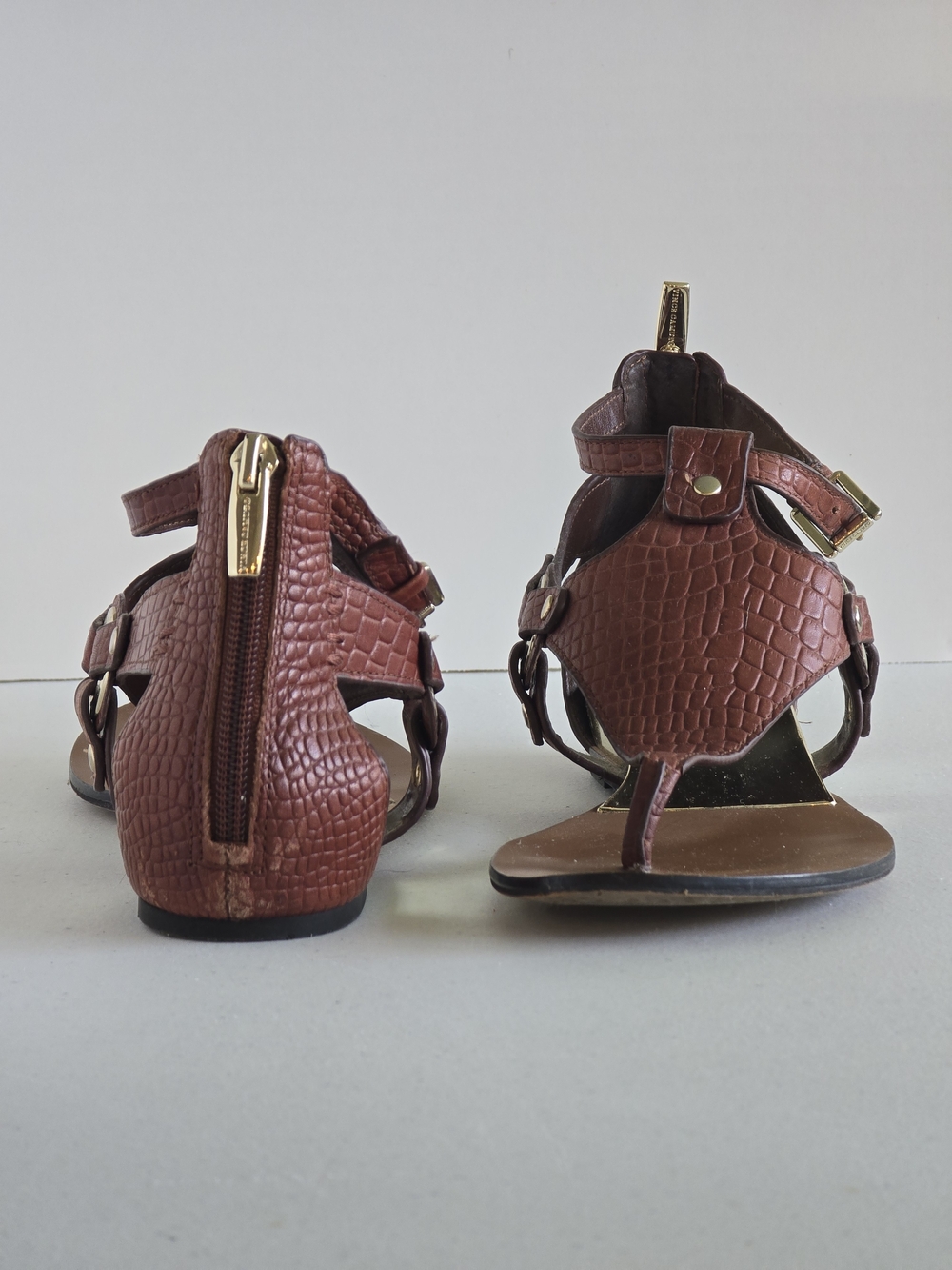 Vince Camuto | Averie Warm Brown Croc-Embossed Sandals with Gold Accents